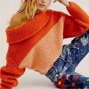 Free People Women’s Sherpa Cashmere Blend Pullover Sweater Orange Peach Small